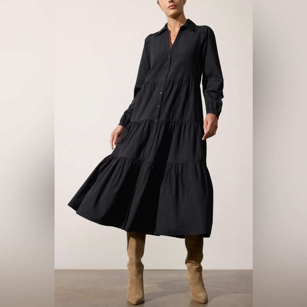 Brochu Walker Tiered Button-Front Black Midi Women's Dress XS